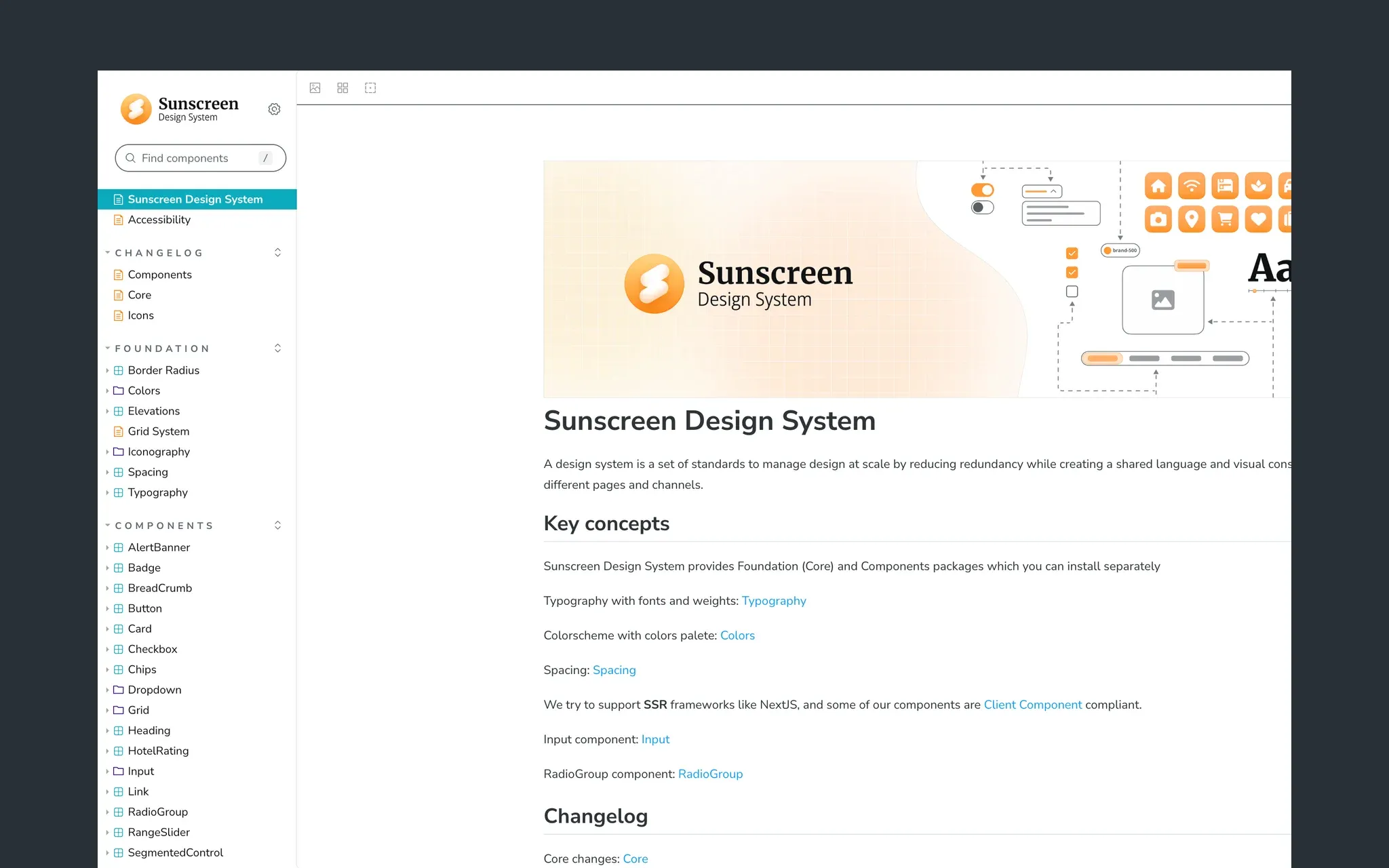 Sunscreen documentation as a team opens it: the component sidebar listing AlertBanner, Badge, BreadCrumb, Button, Card, Checkbox and the rest, beside the system's title page