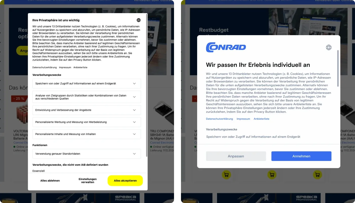 The Conrad consent dialog before and after: on the left a dense panel of five collapsed accordion rows with three equal buttons beneath it, on the right a shorter dialog carrying the Conrad logo, a plain headline and two buttons