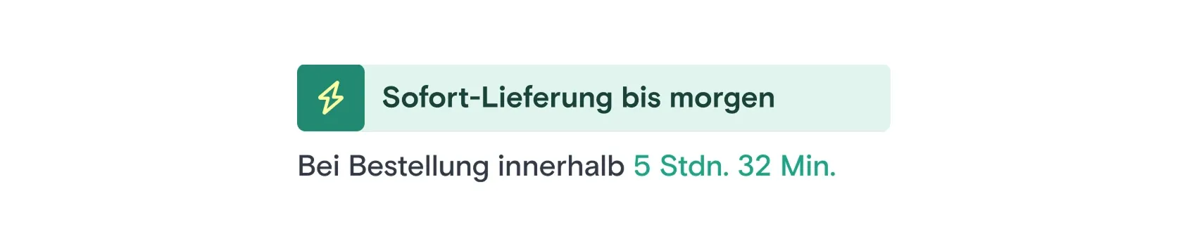 The delivery promise on a Conrad product page: a lightning icon in a green tile, next to the words Sofort-Lieferung bis morgen, above a line counting down the hours left to order