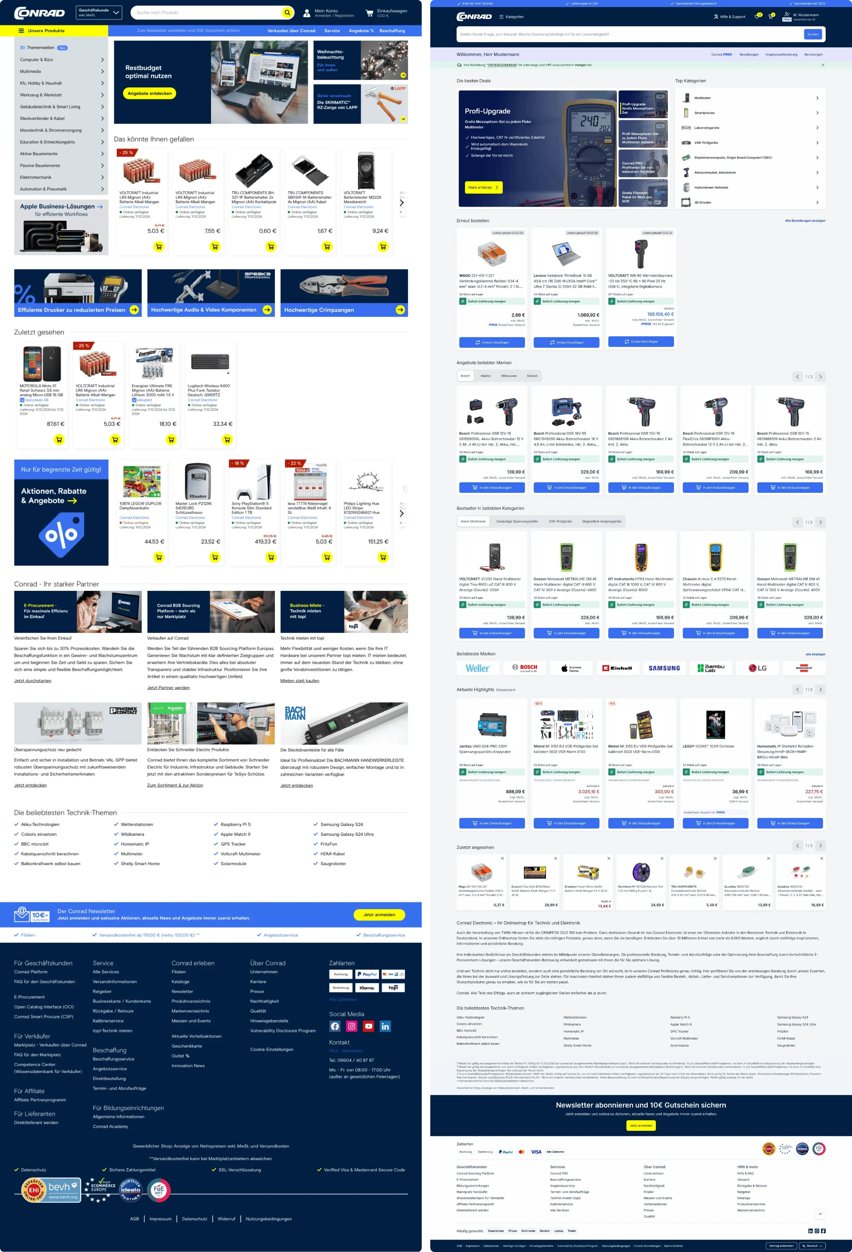 The Conrad homepage before and after, whole page, side by side. Before: a deals banner, a category list and a carousel headed recently viewed, holding a phone, AA batteries and a keyboard. After: the same page rebuilt around a row headed order again, holding items the buyer has bought before, each with the date it was last bought, the stock on hand, a next-day delivery line, PRO pricing and a button that adds it to the basket again