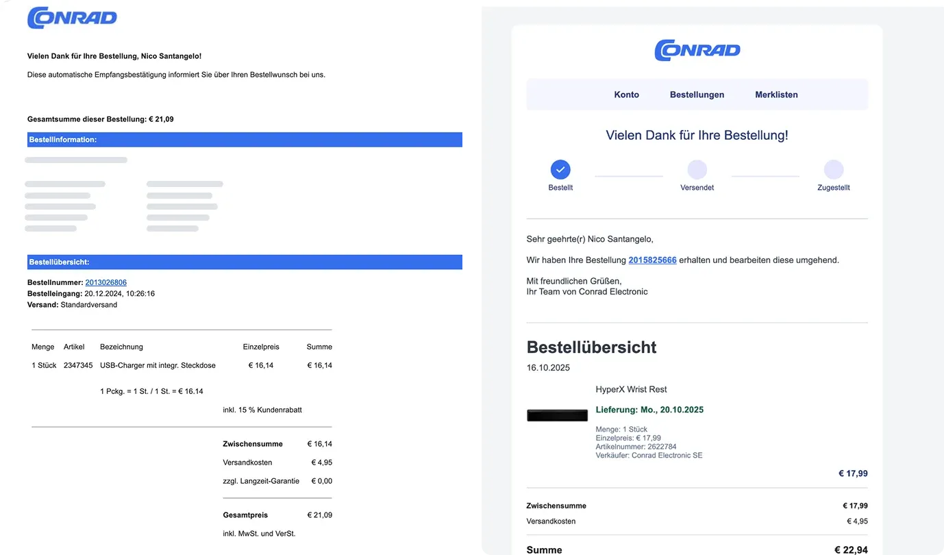 The order confirmation email before and after: on the left an unstyled HTML email with blue section bars and dense tabular text, on the right a branded email with a three-step progress tracker reading ordered, shipped, delivered, above a structured order summary and a link back to the order