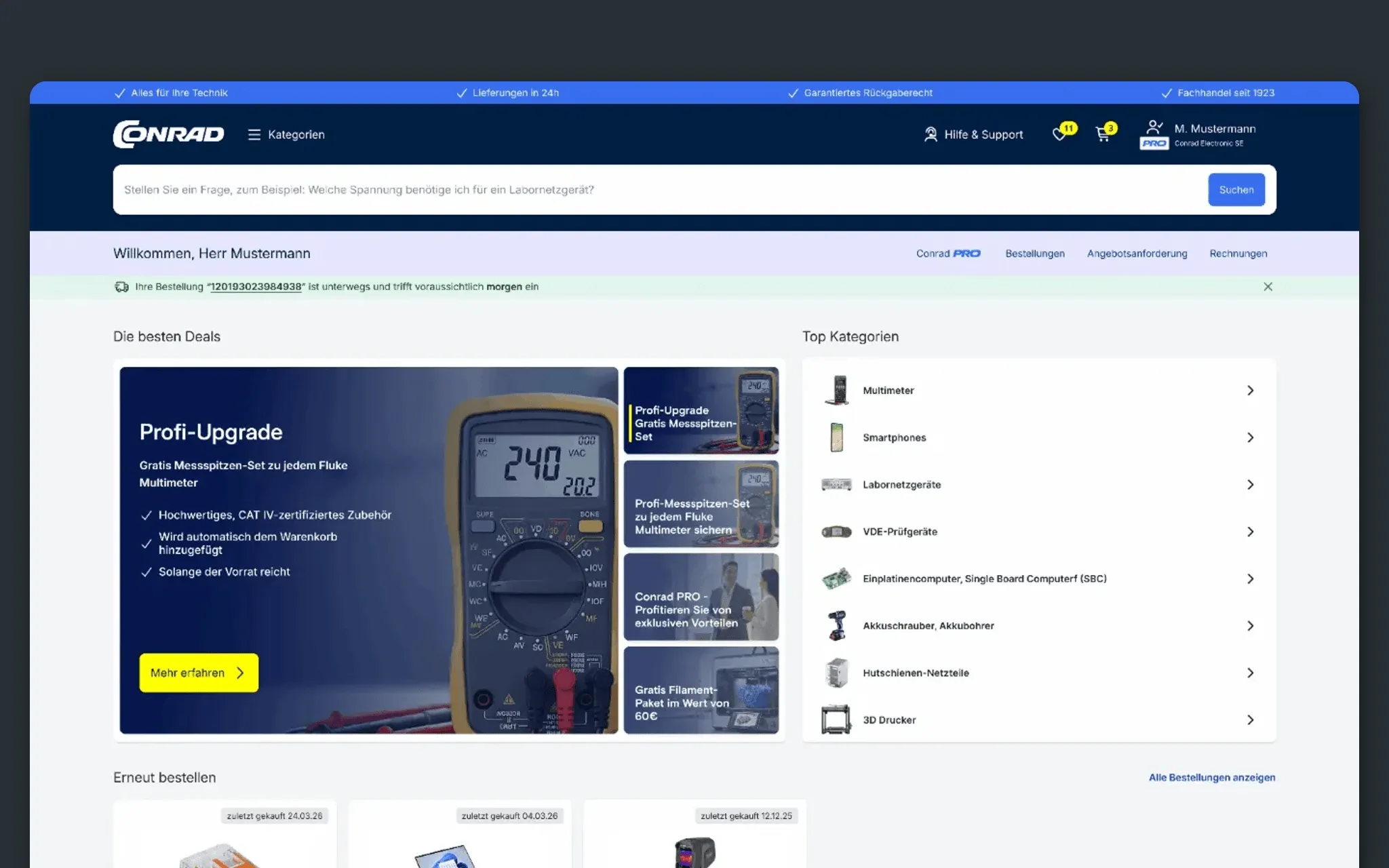 The redesigned Conrad homepage: a personalized greeting, a deals hero, the top categories list and the start of the reorder row