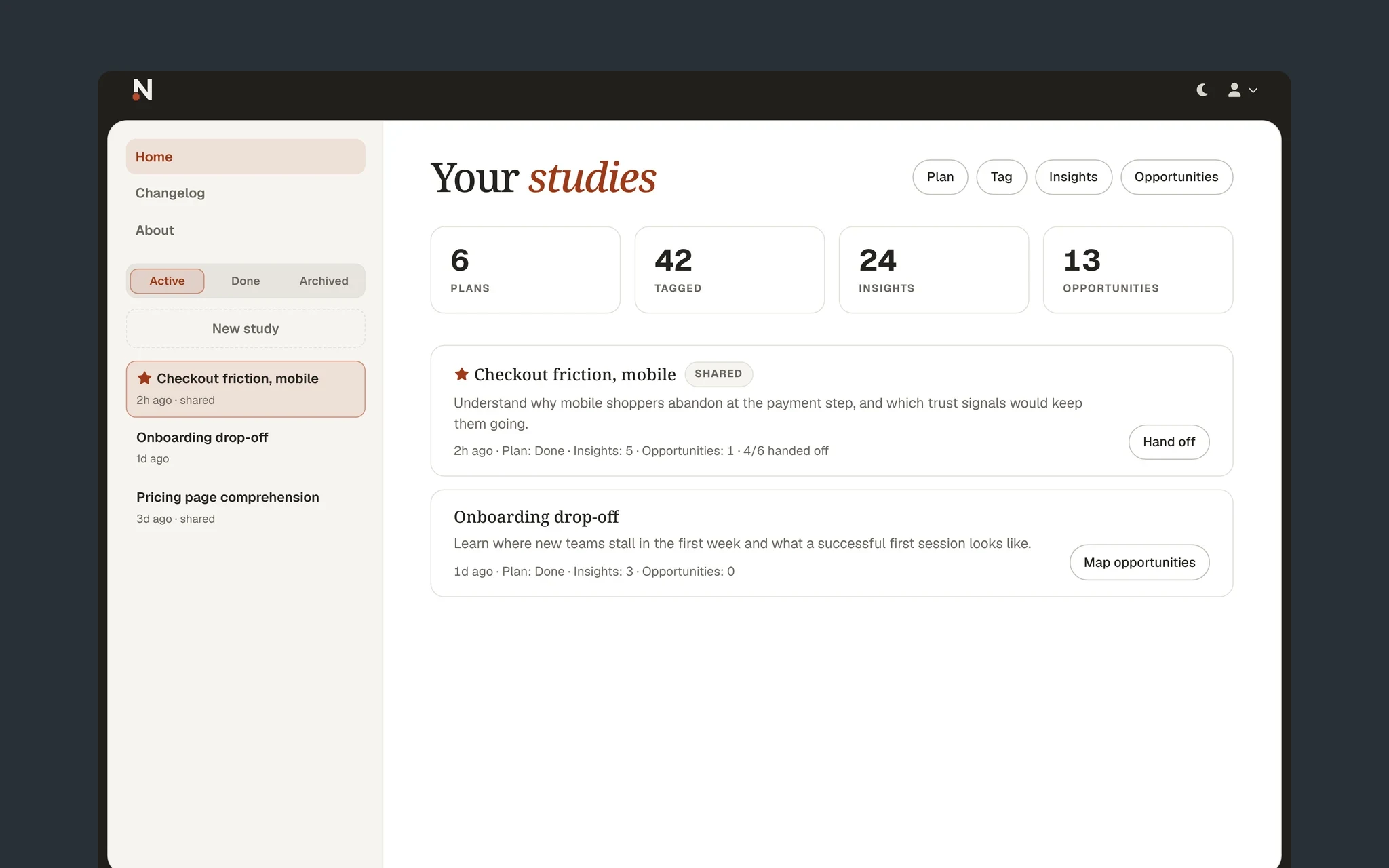 The Discovery Workspace: a studies dashboard with plan, tag, insight and opportunity counts, and two studies in progress