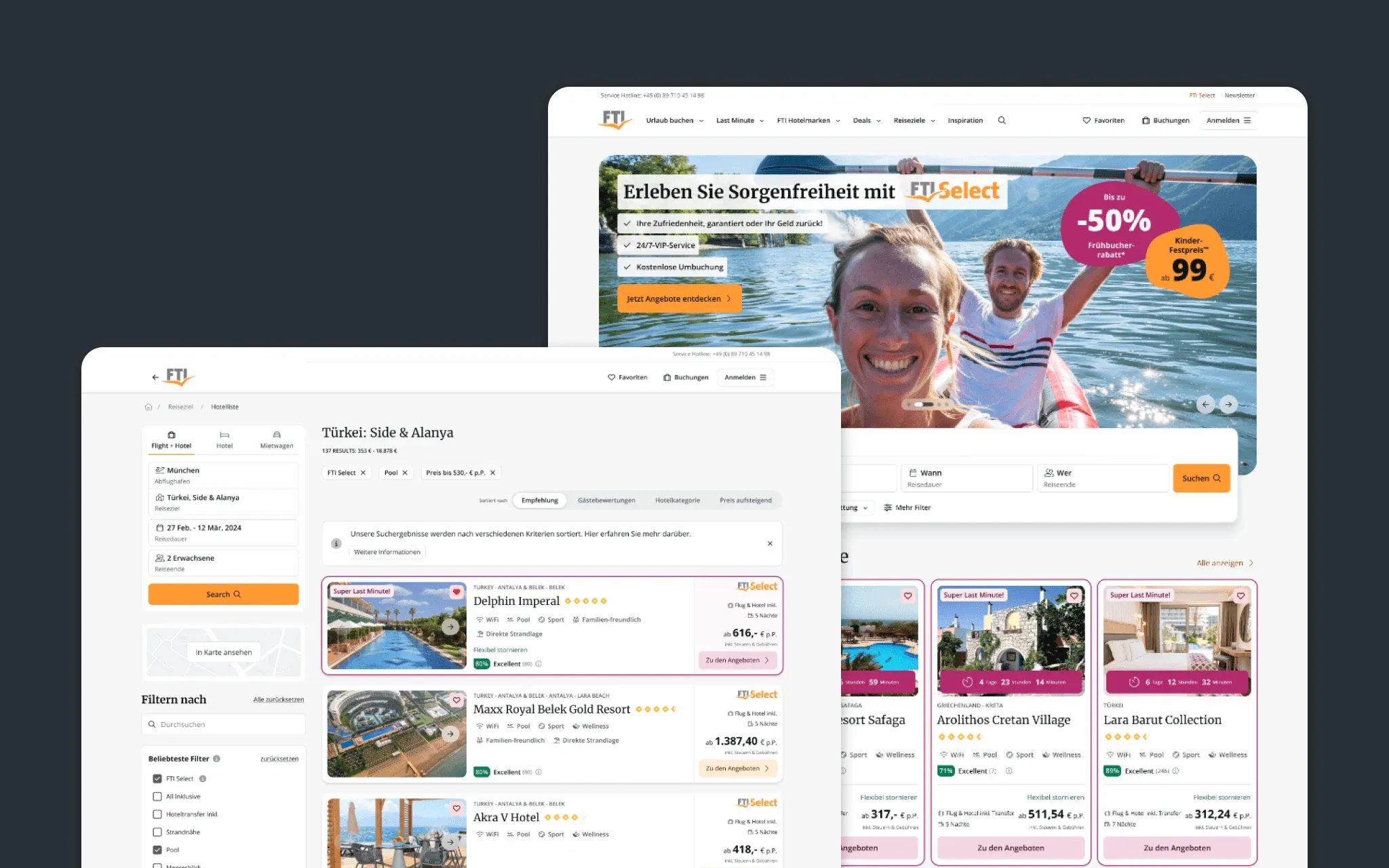The rebuilt FTI homepage and comparison page, with a hero offer, search form, hotel cards and filtered results